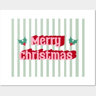 Merry Christmas Typography in Pink and Red with Green Stripes Posters and Art